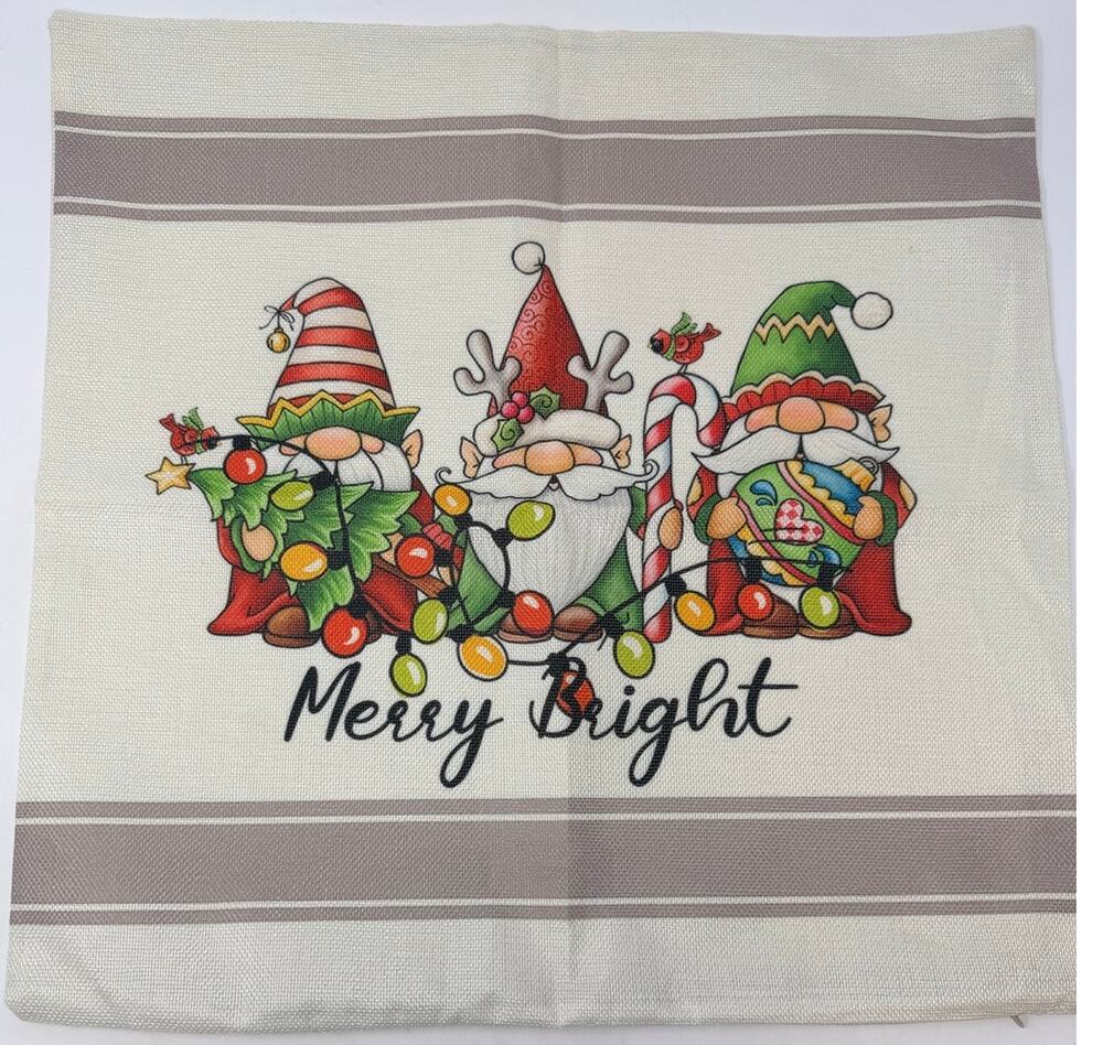 Christmas Gnomes with String of Lights Red Green Decorative Burlap Pillow Cover